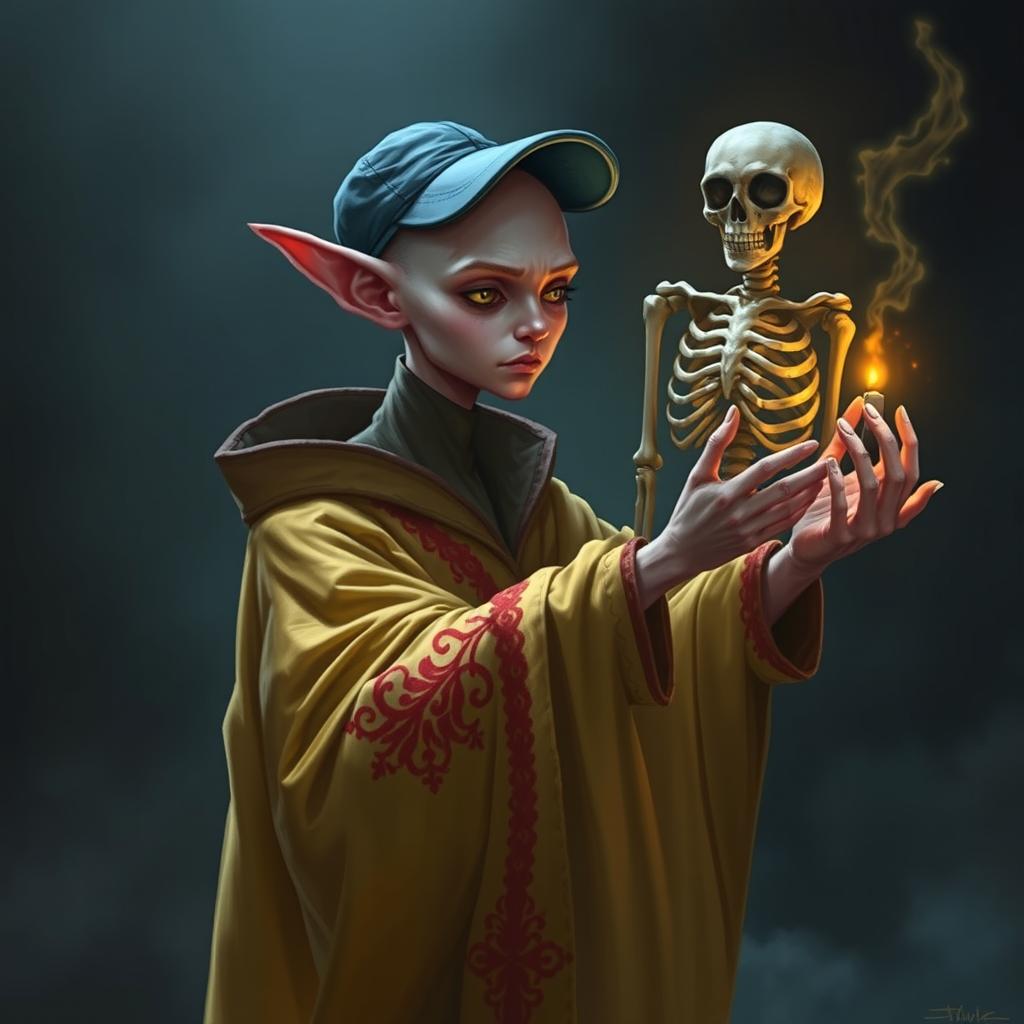 A young, thin tiefling necromancer, bald and wearing a blue ball cap