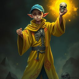 A young, thin tiefling necromancer, bald and wearing a blue ball cap