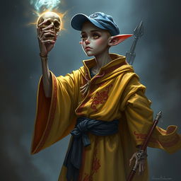 A young, thin tiefling necromancer, bald and wearing a blue ball cap