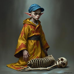 A young, thin tiefling necromancer, bald and wearing a blue ball cap