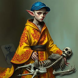 A young, thin tiefling necromancer, bald and wearing a blue ball cap