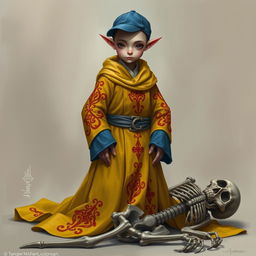 A young, thin tiefling necromancer, bald and wearing a blue ball cap