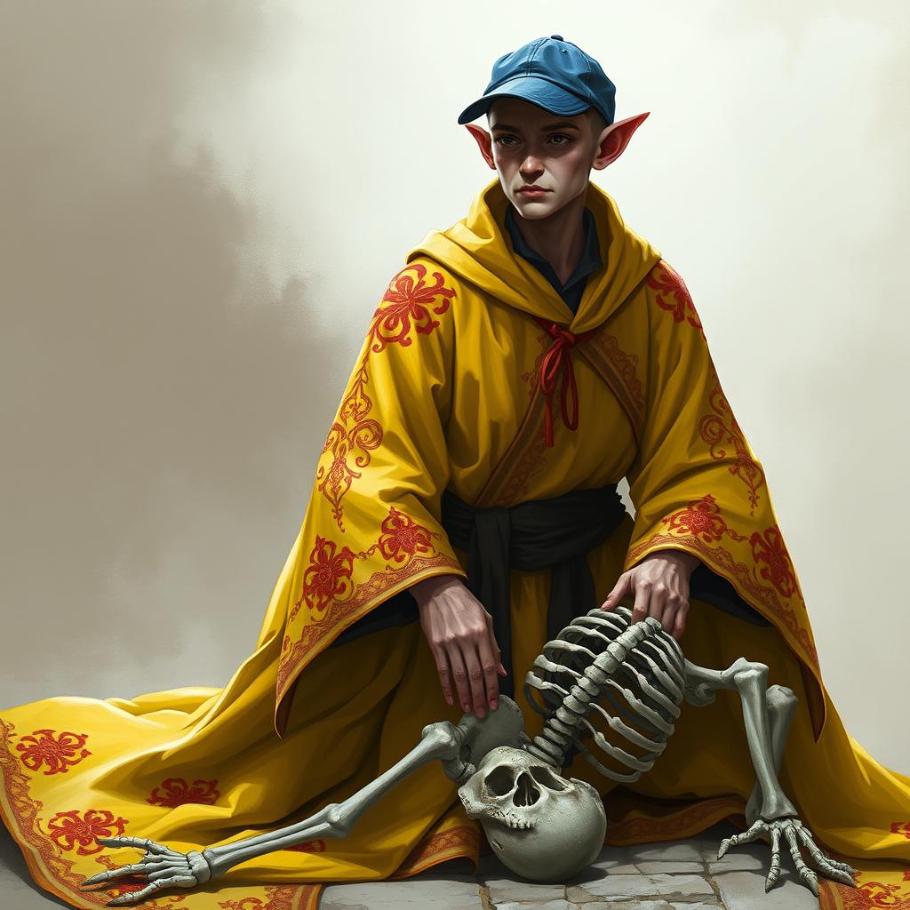 A 25-year-old thin tiefling necromancer, bald and sporting a blue ball cap