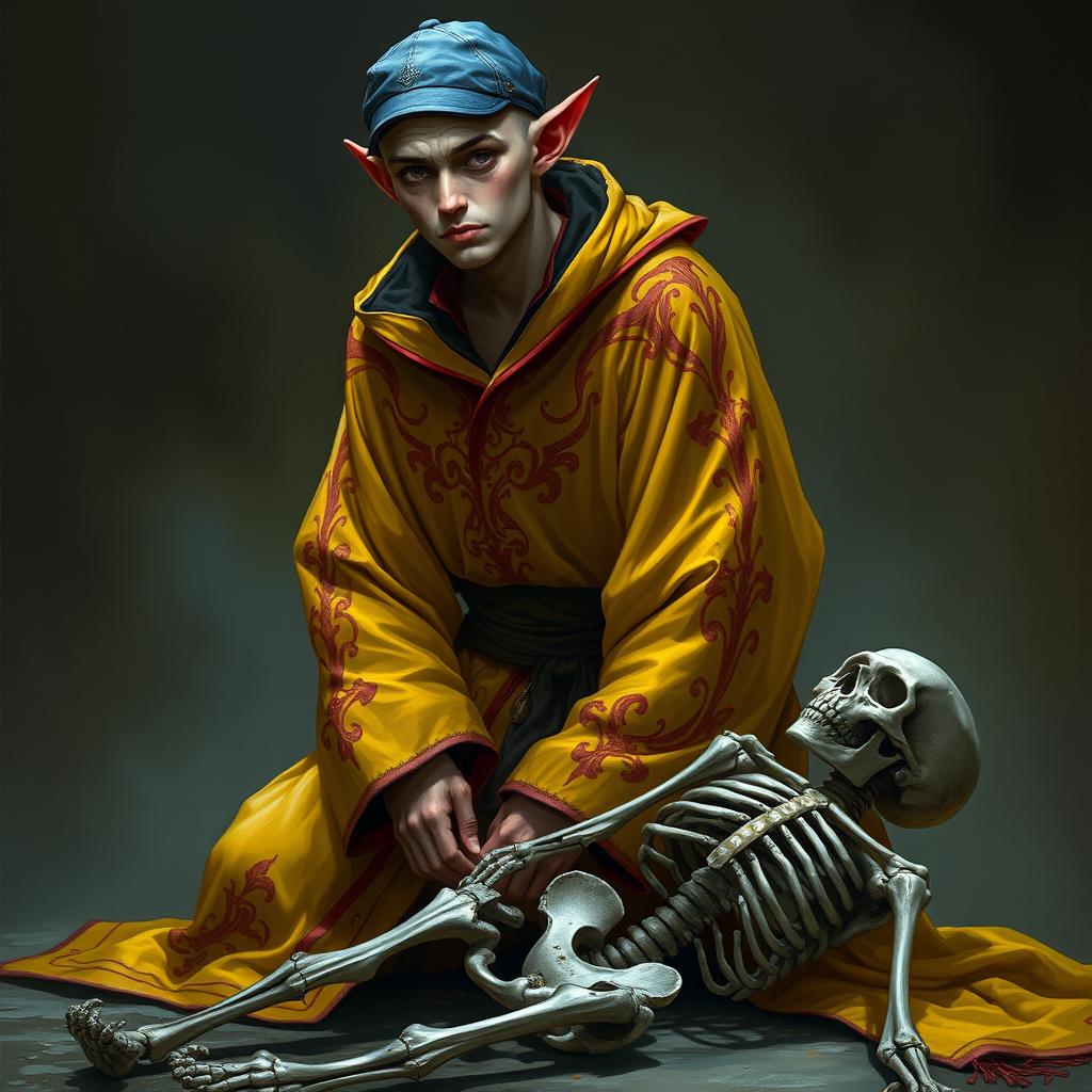 A 25-year-old thin tiefling necromancer, bald and sporting a blue ball cap