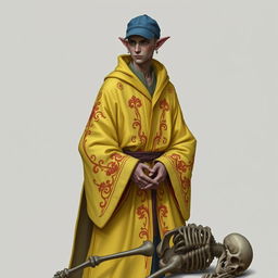 A 25-year-old thin tiefling necromancer, bald and sporting a blue ball cap