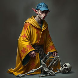 A 25-year-old thin tiefling necromancer, bald and sporting a blue ball cap