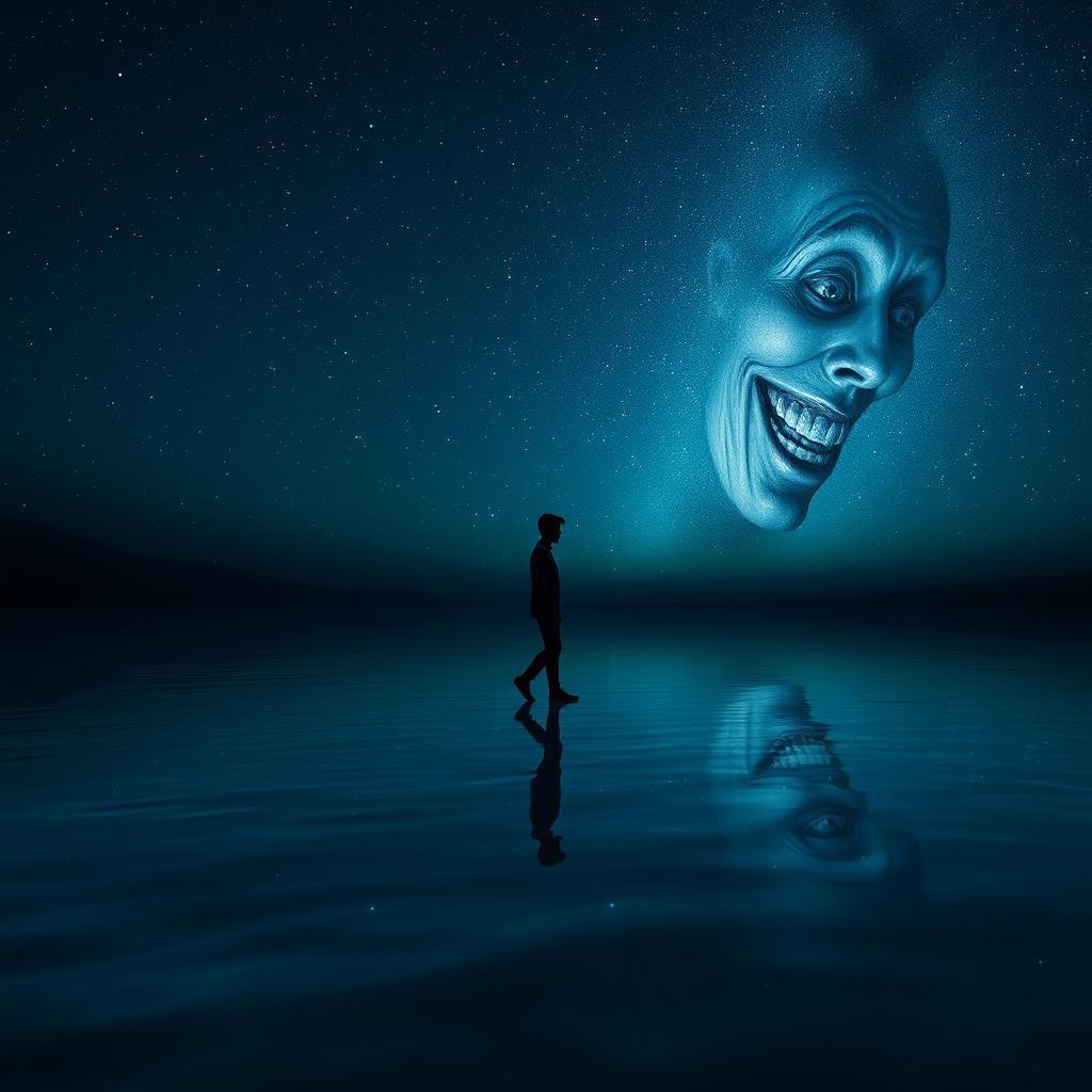 A surreal scene where a person is walking on a seemingly solid lake surface