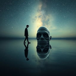 A surreal scene where a person is walking on a seemingly solid lake surface