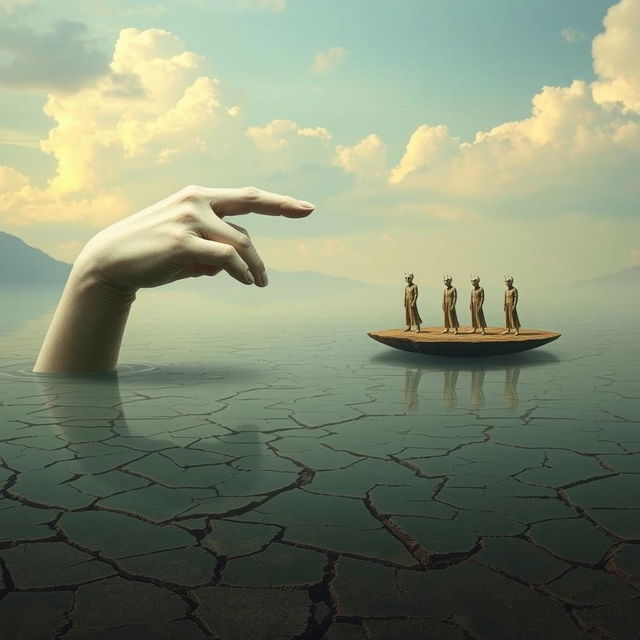 A surreal landscape with a giant, pale hand emerging from a cracked lake surface, its fingers scraping the air as if searching