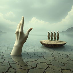 A surreal landscape with a giant, pale hand emerging from a cracked lake surface, its fingers scraping the air as if searching