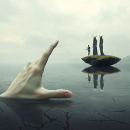 A surreal landscape with a giant, pale hand emerging from a cracked lake surface, its fingers scraping the air as if searching