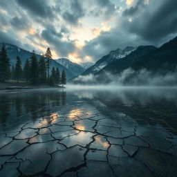 A mystical scenery of a cracked lake under a dramatic sky, the lake's surface displaying intricate fractures resembling a mosaic