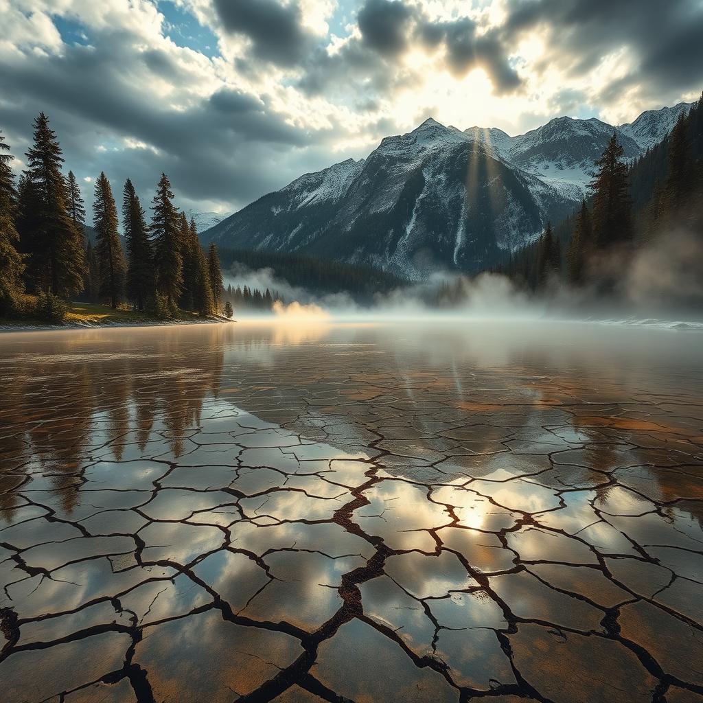 A mystical scenery of a cracked lake under a dramatic sky, the lake's surface displaying intricate fractures resembling a mosaic