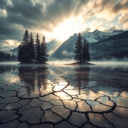 A mystical scenery of a cracked lake under a dramatic sky, the lake's surface displaying intricate fractures resembling a mosaic