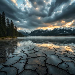 A mystical scenery of a cracked lake under a dramatic sky, the lake's surface displaying intricate fractures resembling a mosaic