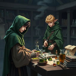 A young adult human mage with black hair wearing a green hooded cloak and cloth clothing is engrossed in making potions in a medieval alchemy room