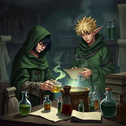 A young adult human mage with black hair wearing a green hooded cloak and cloth clothing is engrossed in making potions in a medieval alchemy room