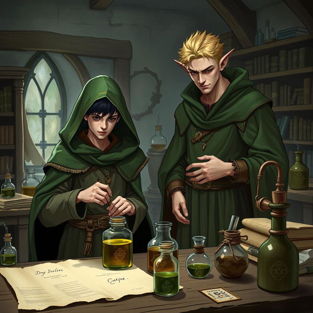 A young adult human mage with black hair wearing a green hooded cloak and cloth clothing is engrossed in making potions in a medieval alchemy room