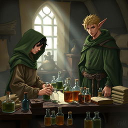 A young adult human mage with black hair wearing a green hooded cloak and cloth clothing is engrossed in making potions in a medieval alchemy room