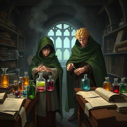 A young adult human mage with black hair dressed in a flowing green hooded cloak and cloth clothing is intently making potions in a medieval alchemy room