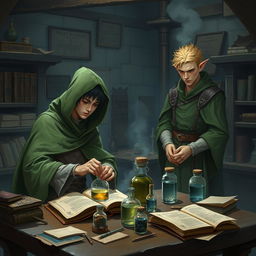 A young adult human mage with black hair dressed in a flowing green hooded cloak and cloth clothing is intently making potions in a medieval alchemy room