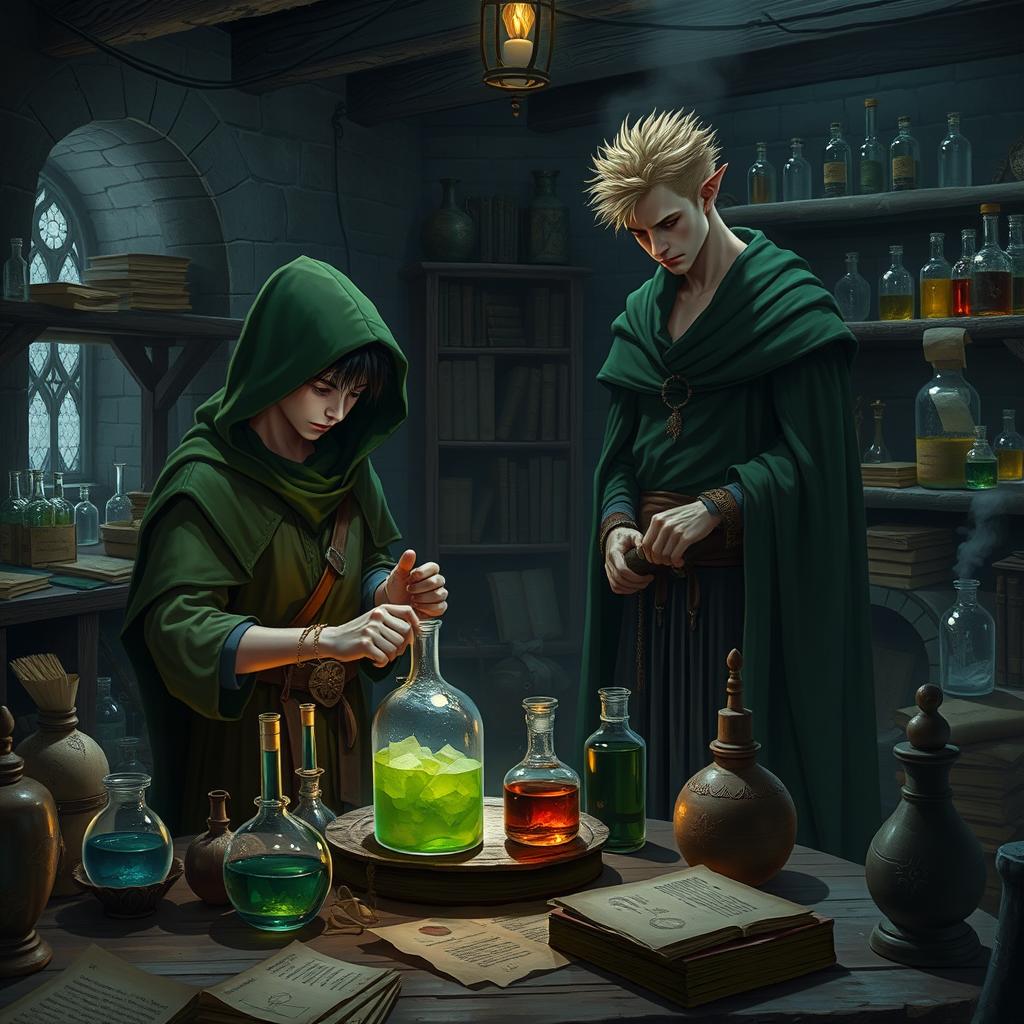 A young adult human mage with black hair dressed in a flowing green hooded cloak and cloth clothing is intently making potions in a medieval alchemy room