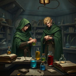 A young adult human mage with black hair dressed in a flowing green hooded cloak and cloth clothing is intently making potions in a medieval alchemy room