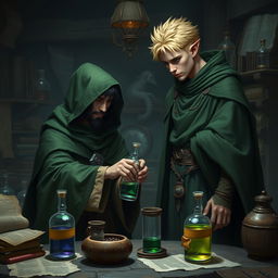 An adult human mage with black hair and no facial hair is focused on making potions in a medieval alchemy room, dressed in a flowing green hooded cloak and cloth clothing