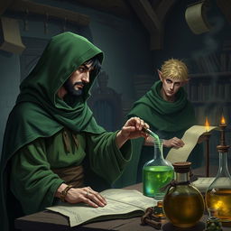 An adult human mage with black hair and no facial hair is focused on making potions in a medieval alchemy room, dressed in a flowing green hooded cloak and cloth clothing