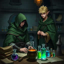 An adult human mage with black hair and no facial hair is focused on making potions in a medieval alchemy room, dressed in a flowing green hooded cloak and cloth clothing