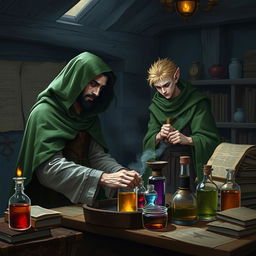 An adult human mage with black hair and no facial hair is focused on making potions in a medieval alchemy room, dressed in a flowing green hooded cloak and cloth clothing