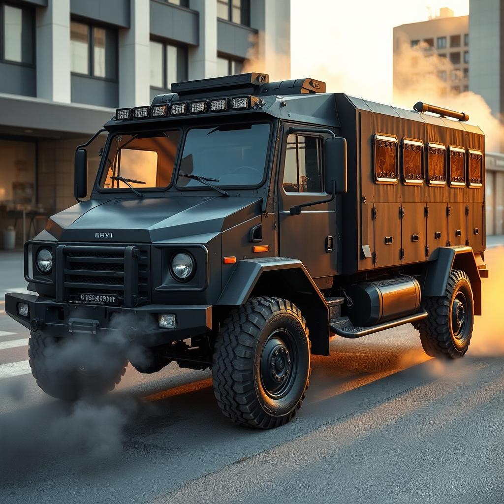 A heavily armored truck with reinforced steel plating and bulletproof windows, parked in an urban environment