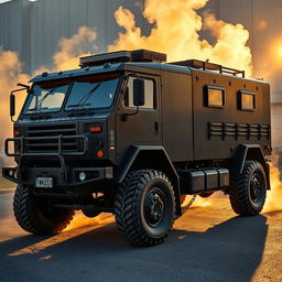 A heavily armored truck with reinforced steel plating and bulletproof windows, parked in an urban environment