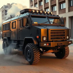 A heavily armored truck with reinforced steel plating and bulletproof windows, parked in an urban environment