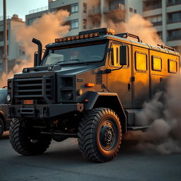 A heavily armored truck with reinforced steel plating and bulletproof windows, parked in an urban environment