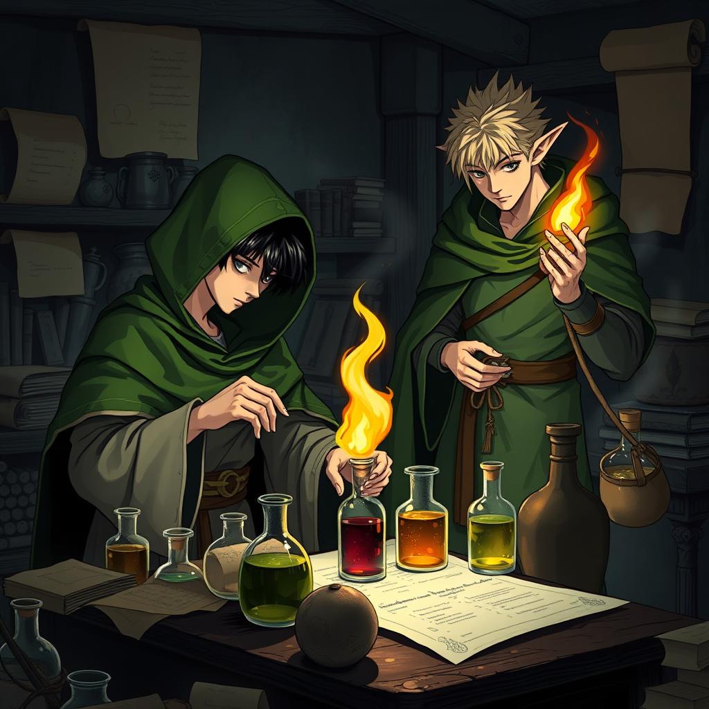 A young adult human mage with black hair wearing a green hooded cloak and cloth clothing is immersed in making potions in a medieval alchemy room