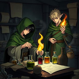 A young adult human mage with black hair wearing a green hooded cloak and cloth clothing is immersed in making potions in a medieval alchemy room