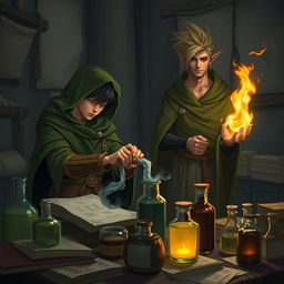 A young adult human mage with black hair wearing a green hooded cloak and cloth clothing is immersed in making potions in a medieval alchemy room