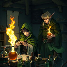 A young adult human mage with black hair wearing a green hooded cloak and cloth clothing is immersed in making potions in a medieval alchemy room