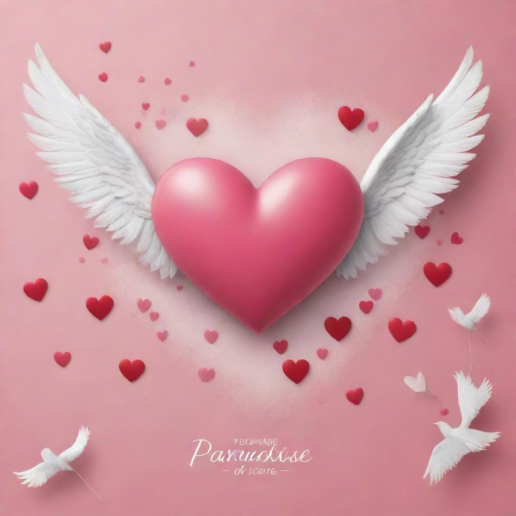 Create an epic poster with the theme 'Paradise of Love', featuring hearts. Exclude the cupid element. The main colors should be pink, white, and red