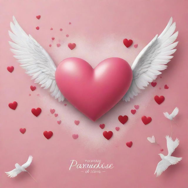 Create an epic poster with the theme 'Paradise of Love', featuring hearts. Exclude the cupid element. The main colors should be pink, white, and red