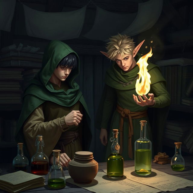 A young adult human mage with black hair wearing a green hooded cloak and cloth clothing is immersed in making potions in a medieval alchemy room