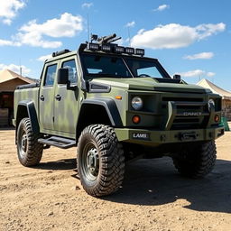 A military-style armored pickup truck designed for tactical operations, featuring a matte green camouflage paint job and reinforced armor plating