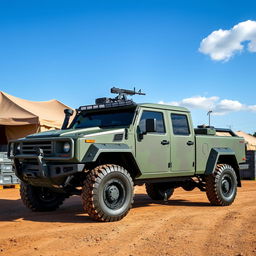 A military-style armored pickup truck designed for tactical operations, featuring a matte green camouflage paint job and reinforced armor plating