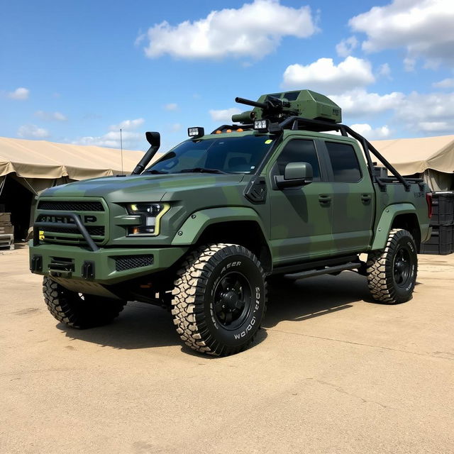 A military-style armored pickup truck designed for tactical operations, featuring a matte green camouflage paint job and reinforced armor plating