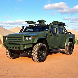 A military-style armored pickup truck designed for tactical operations, featuring a matte green camouflage paint job and reinforced armor plating