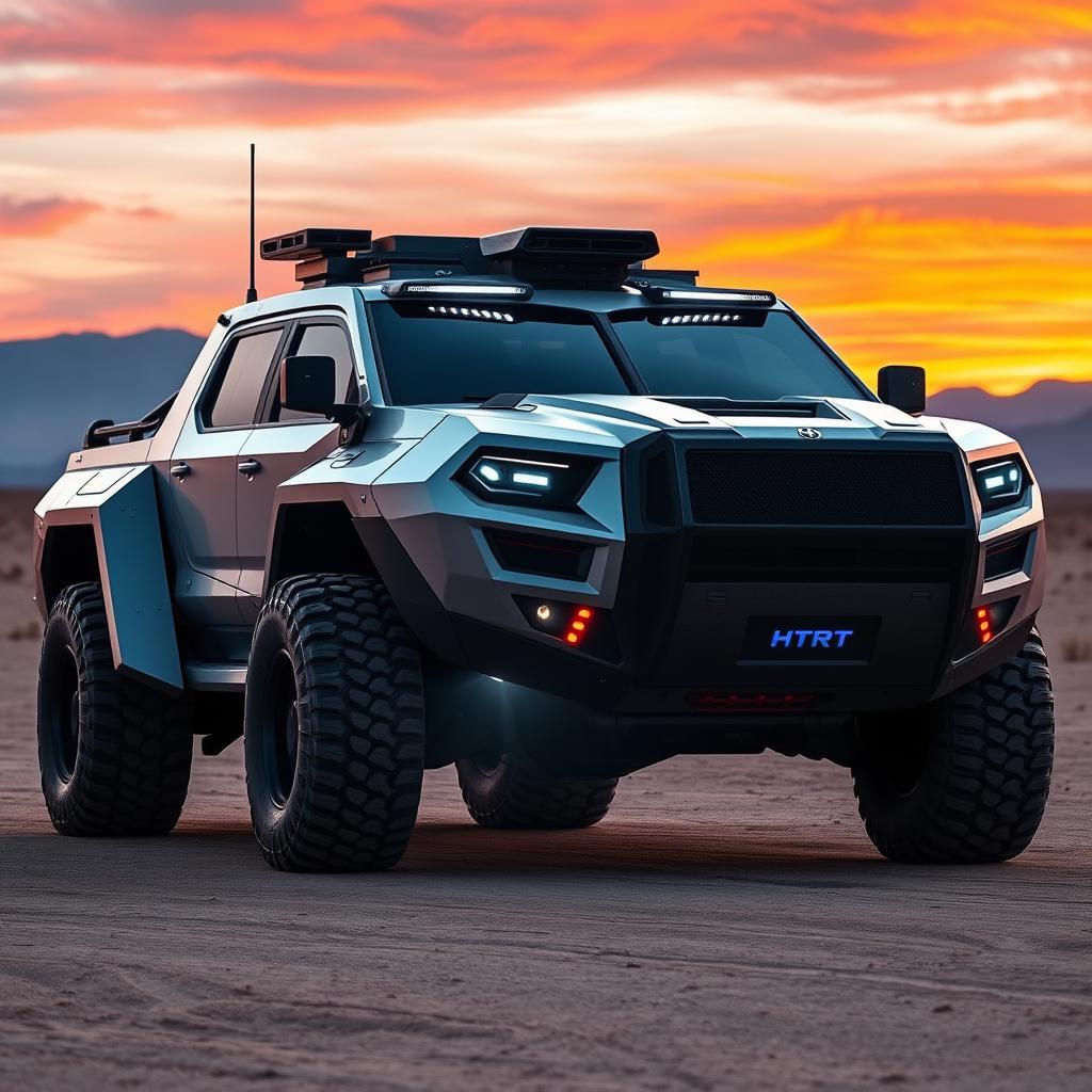 A futuristic military armored pickup truck featuring advanced technology and a sleek, aerodynamic design