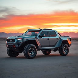 A futuristic military armored pickup truck featuring advanced technology and a sleek, aerodynamic design