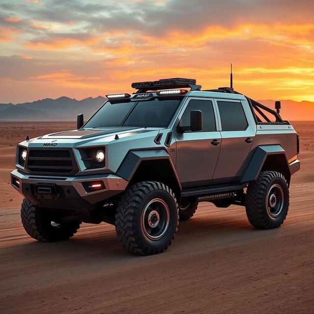 A futuristic military armored pickup truck featuring advanced technology and a sleek, aerodynamic design