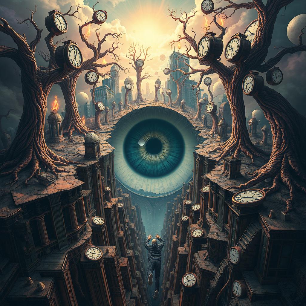 A surreal and dreamlike scene where the ground cracks open, revealing a massive eye at its center